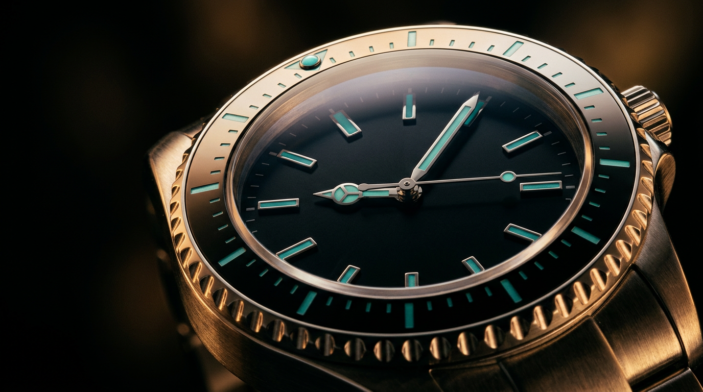 Extreme macro of an unbranded steel diver's watch bezel, dial and hands in warm bronze-gold light on onyx.