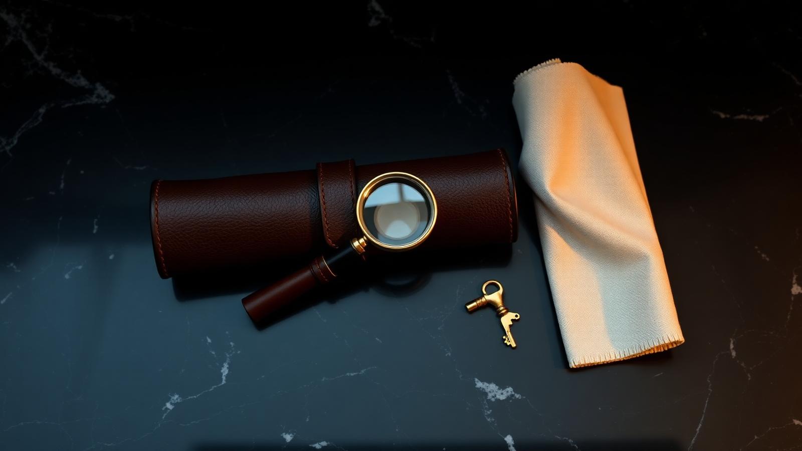 Overhead still-life of a dark leather watch roll, brass jeweler's loupe, folded chamois cloth and small brass key on onyx.