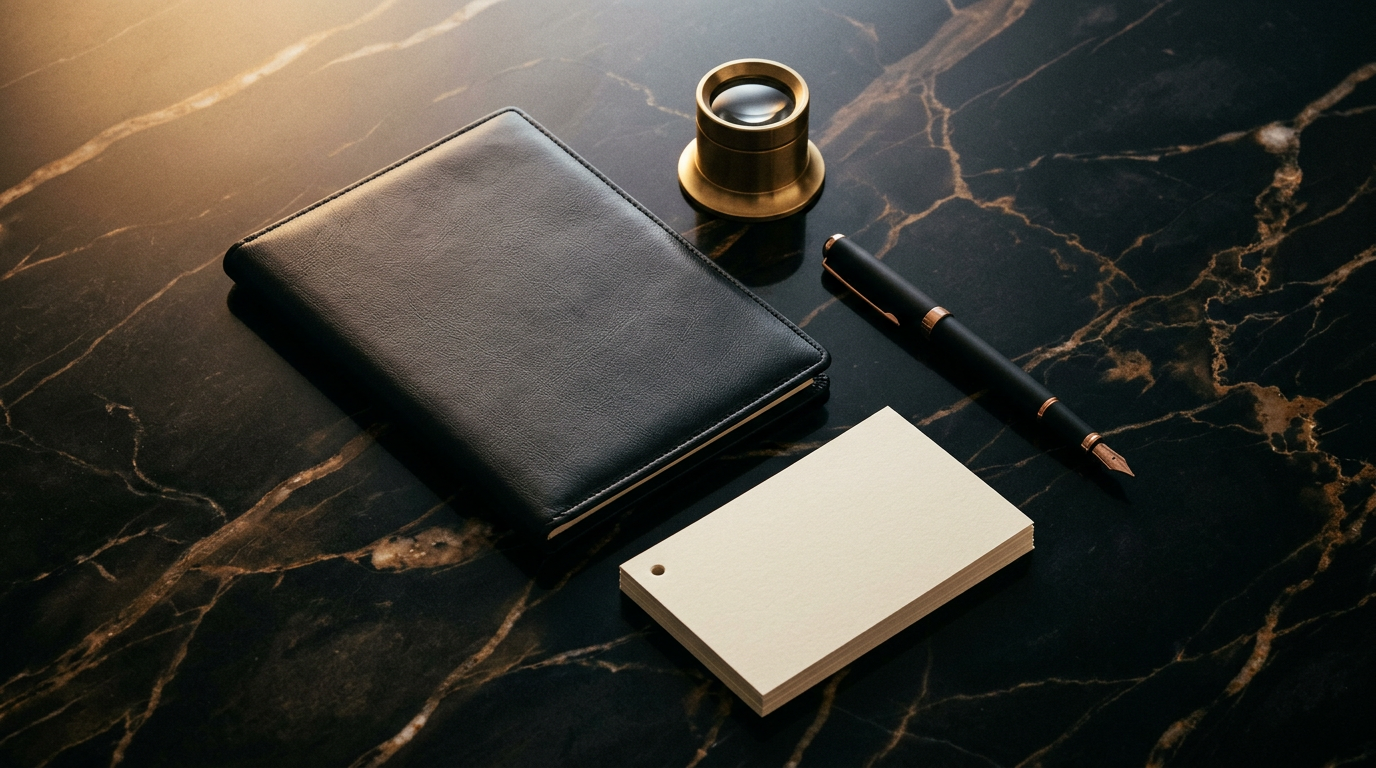 Editorial overhead still-life of a closed dark leather portfolio, brass jeweler's loupe, matte black fountain pen and blank ivory index cards on onyx marble — evoking market analysis.