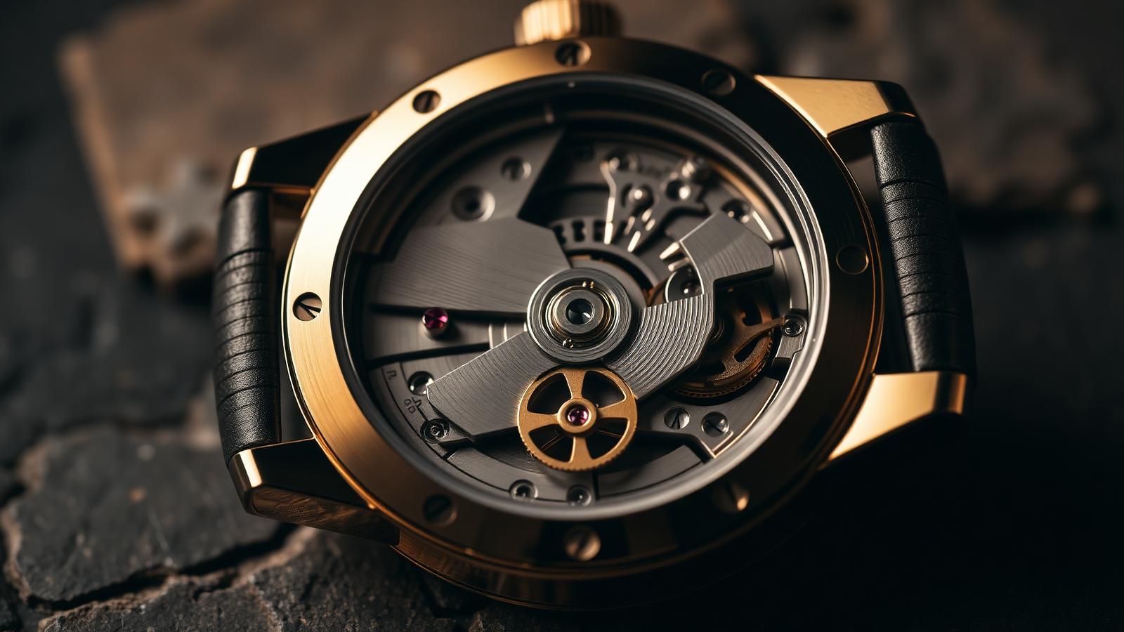 Macro of an exposed haute-horlogerie mechanical movement showing hand-finished bridges, jewels and a skeletonised rotor.