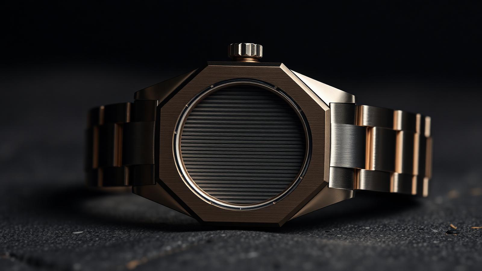 Editorial macro of an unbranded rounded-octagonal porthole-style sports watch case with horizontally grooved dial, on onyx.