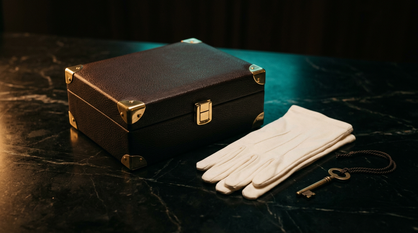 Editorial still-life of a closed leather presentation box, ivory glove and brass key on a dark desk — evoking private-treaty discretion.