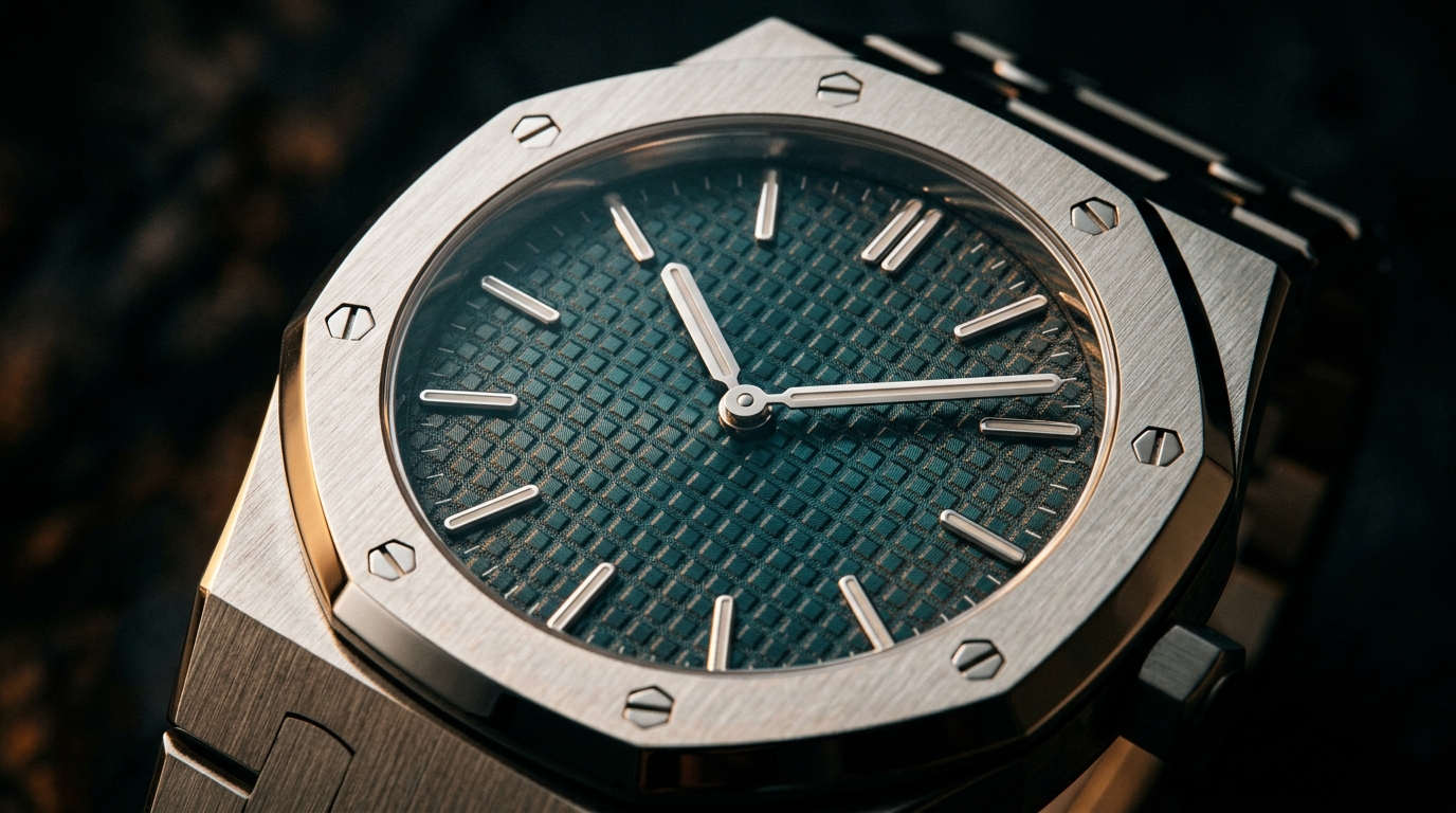 Editorial macro of an unbranded octagonal steel sports watch bezel with visible hex screws and waffle-pattern dial, on onyx.